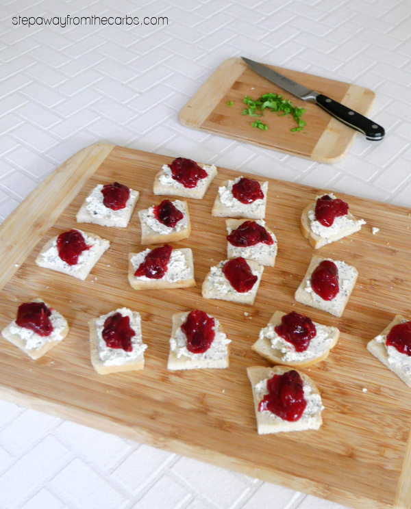 Low Carb Crostini with Cranberries and Herbed Cheese - the perfect appetizer for the holidays!