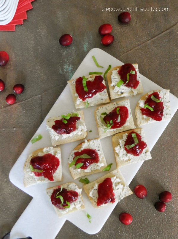 Low Carb Crostini with Cranberries and Herbed Cheese - the perfect appetizer for the holidays!