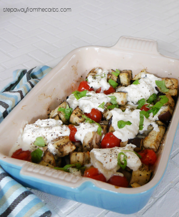 Roasted Eggplant with Burrata and Tomatoes - a delicious low carb side dish recipe!