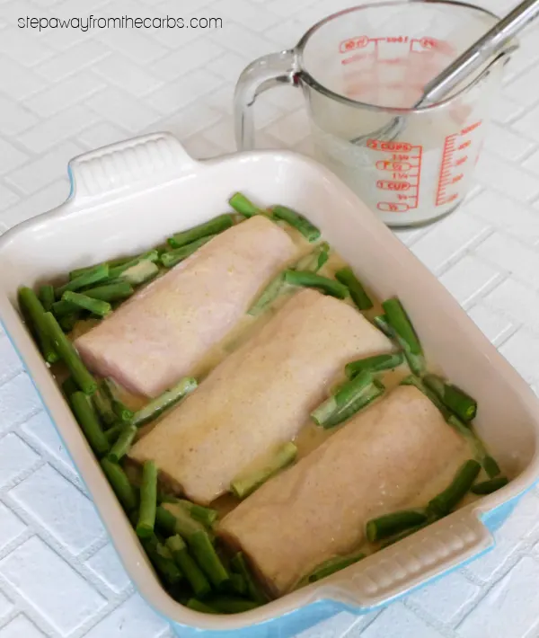 Low Carb Thai Fish Curry Traybake - easy one-dish recipe with cauli rice and green beans!