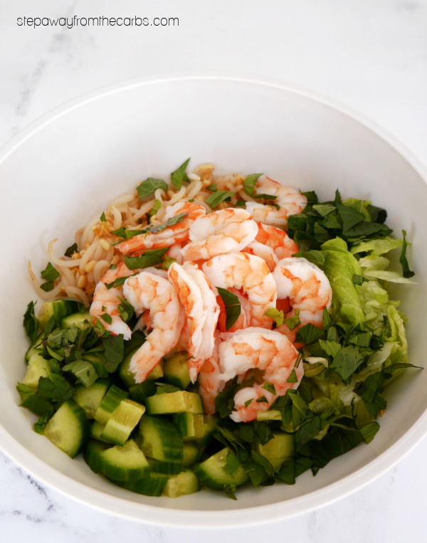 Keto Spring Roll in a Bowl - a delicious salad with shrimp, vegetables, and Thai basil!