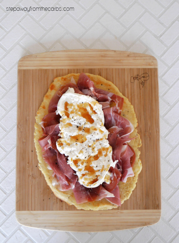 Low Carb Flatbread with Burrata, Prosciutto, and Honey - a delicious dish as an appetizer or brunch to share!