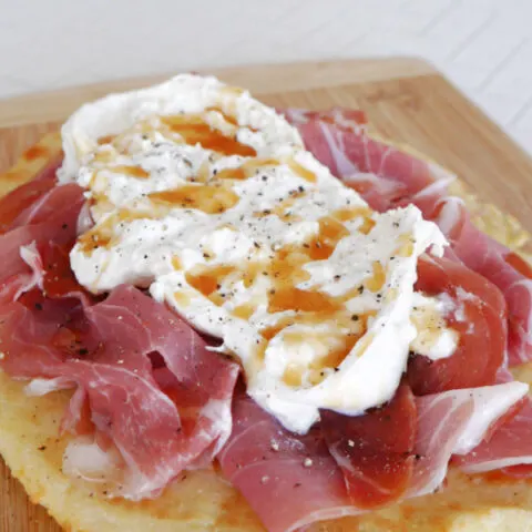 Low Carb Flatbread with Burrata, Prosciutto, and Honey