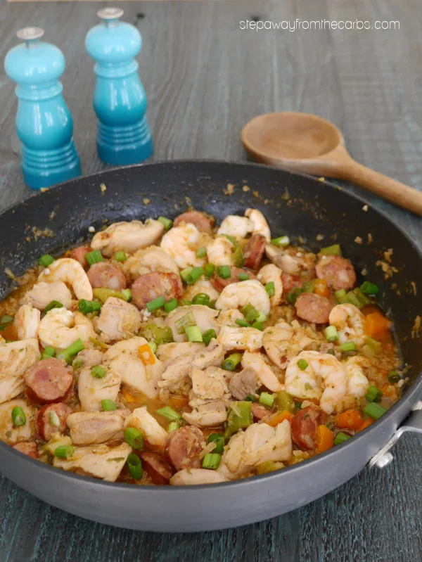 Low Carb Jambalaya - a classic Cajun dish with chicken, shrimp, sausage, and cauliflower rice!