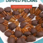 Low carb chocolate dipped pecans Pinterest graphic with a plate of dipped pecans