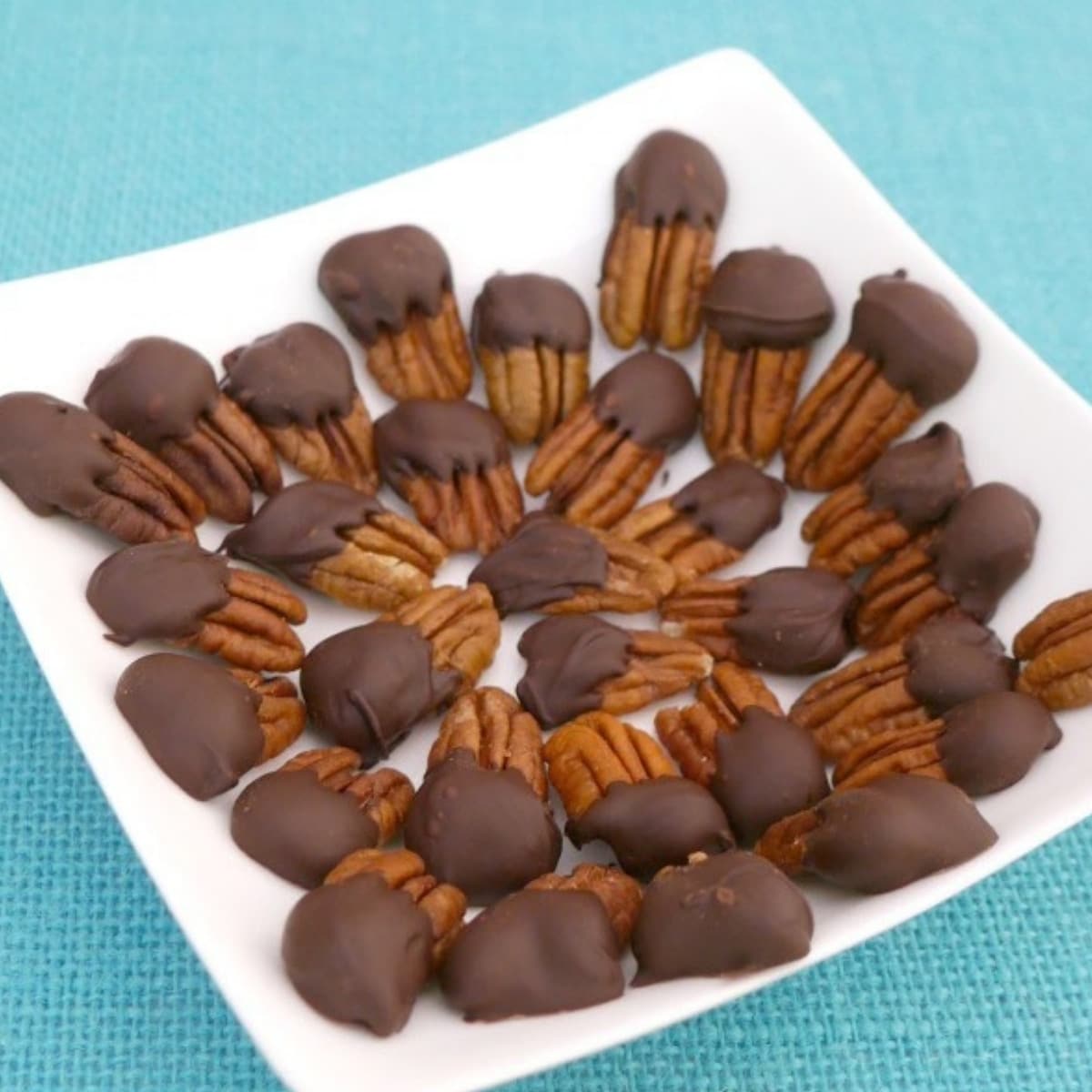 Sugar free chocolate covered pecans on a white square plate