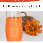 Glitter Halloween Cocktail Pinterest graphic with a shimmering orange Prosecco cocktail