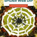 Halloween spider web dip Pinterest graphic with a plastic spider on a sour cream web