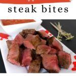 Halloween Steak Bites Pinterest graphic with seared steak cubes and tomato dip