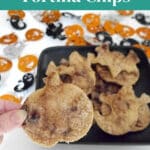Halloween tortilla chips Pinterest graphic with a pumpkin shaped chip held over a plate