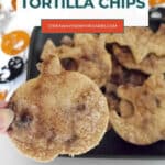 Low carb Halloween tortilla chips Pinterest graphic with pumpkin and ghost shaped chips