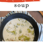 Keto Alfredo Soup Pinterest pin showing the creamy soup with chicken and broccoli