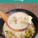 Keto Alfredo Soup Pinterest pin with a spoonful of soup