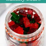 Keto Low Carb Gummy Bears Pinterest graphic with a jar of red and green gummy bears
