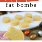 Keto pumpkin fat bombs Pinterest graphic with a hand holding a pumpkin-shaped fat bomb