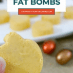 Keto pumpkin fat bombs Pinterest graphic with a close-up of a pumpkin-shaped fat bomb