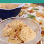 Keto Pumpkin Ice Cream with Candied Bacon Pinterest graphic showing scoops in a glass dish
