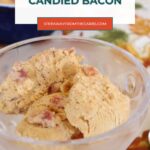 Keto pumpkin ice cream with candied bacon in a glass bowl on an autumn leaf tablecloth, Pinterest graphic