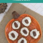Overhead view of keto pumpkin muffins on a pumpkin-shaped plate - Pinterest image