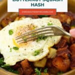 Low Carb Butternut Squash Hash pin showing a fork lifting a bite of hash and egg