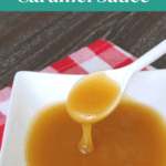 Low Carb Caramel Sauce Pinterest graphic with caramel dripping from a spoon
