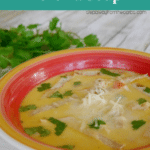 Low Carb Chicken Tortilla Soup Pinterest graphic showing a bowl garnished with cilantro