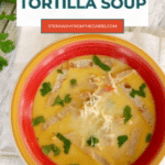 Low Carb Chicken Tortilla Soup Pinterest graphic, overhead bowl of soup