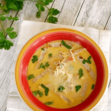 Low carb chicken tortilla soup in a red bowl topped with tortilla strips, shredded cheese and cilantro