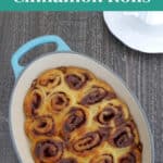 Overhead view of low carb cinnamon rolls in an oval dish - Pinterest pin