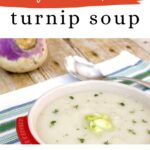 Low Carb Turnip Soup Pinterest graphic showing a bowl of creamy turnip soup