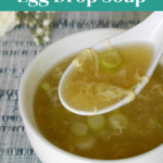 Low carb egg drop soup in a white bowl - Pinterest graphic