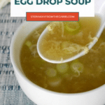 Low carb egg drop soup with egg ribbons on a spoon - Pinterest graphic