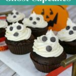 Low Carb Ghost Cupcakes Pinterest graphic with frosted ghost cupcakes and a pumpkin