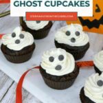Low Carb Ghost Cupcakes Pinterest graphic with Halloween ghost cupcakes on a marble board