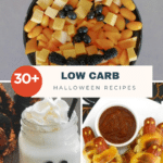 30+ Low Carb Halloween Recipes - jack-o-lantern snack tray, ghost milkshake and mummy hot dogs