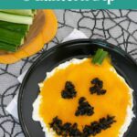 Low Carb Jack O'Lantern Dip Pinterest graphic showing the pumpkin face dip with cucumber sticks