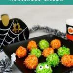 Low Carb Monster Bites Pinterest graphic with a googly-eyed green monster bite