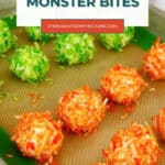Low Carb Monster Bites Pinterest graphic showing coconut-coated bites on a baking tray