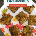 Low Carb Pecan Pie Brownies Pinterest graphic with a plate of brownies from above