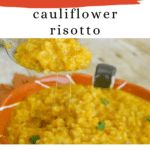 Low Carb Pumpkin Cauliflower Risotto Pinterest pin with a spoonful of risotto