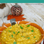 Low Carb Pumpkin Cauliflower Risotto Pinterest pin with a bowl of risotto