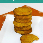 Low Carb Pumpkin Cookies Pinterest graphic with a stack of cookies on a white plate