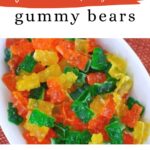 Low Carb Sour Gummy Bears Pinterest graphic with a dish of sugar free sour gummies