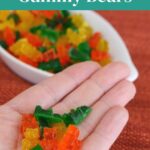 Low Carb Sour Gummy Bears Pinterest graphic showing a handful of sour gummy bears