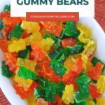 Low Carb Sour Gummy Bears Pinterest graphic with sugar free sour gummies in a white dish