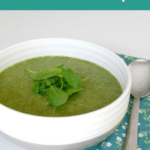 Low Carb Watercress Cauliflower Soup Pinterest graphic showing a bowl of green soup topped with watercress