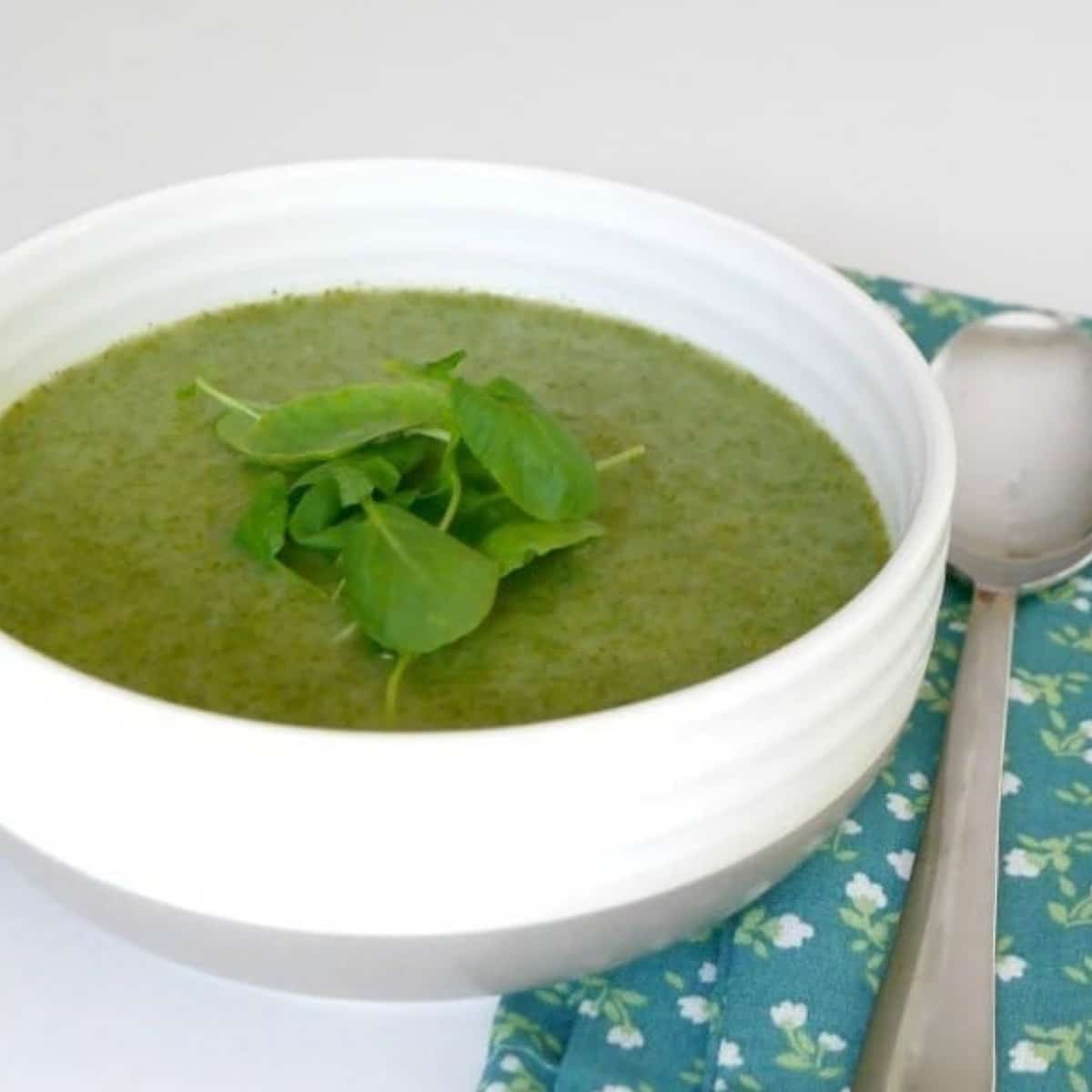 Low carb watercress and cauliflower soup in a white bowl topped with fresh watercress