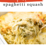 Pesto Spaghetti Squash Pinterest pin with cheesy baked spaghetti squash