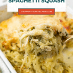 Pesto Spaghetti Squash Pinterest pin with cheesy baked spaghetti squash