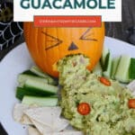 Puking pumpkin guacamole Halloween party platter Pinterest graphic